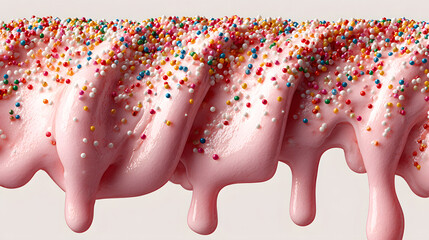 Pink cream with colorful sprinkles dripping down from top , isolated on white background