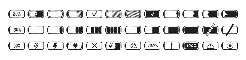 Mobile battery doodle Hand drawn set. Collection pen ink pencil drawing sketches connection indicator isolated. low or high energy charge © Yanka