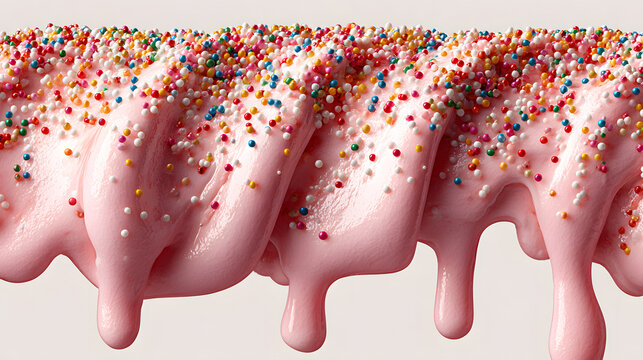 Pink cream with colorful sprinkles dripping down from top , isolated on white background