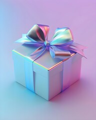 Obraz premium Iridescent Gift Box With Shiny Satin Bow On Pastel Background