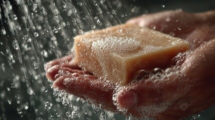 Fototapeta premium Close-up Artistic Image of Soap with Bubbles in Hands Under Shower