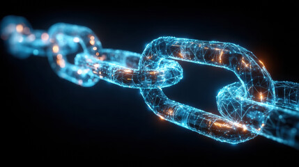 Futuristic digital chain with glowing holographic links representing advanced technology, cyber connections, innovation, and modern virtual communication