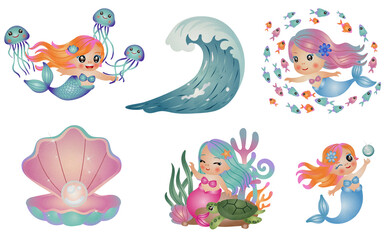 cute mermaid with sea life elements illustration set. watercolor hand drawn style.