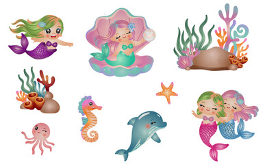 cute mermaid with sea life elements illustration set. watercolor hand drawn style.