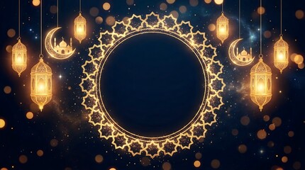 Luxury Golden Islamic Frame with Hanging Lanterns and Copy Space on Dark Blue Background - 3D Illustration