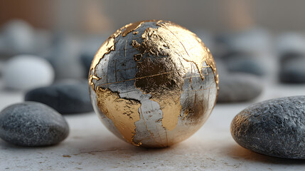 A gold-embossed globe rests on a white surface, surrounded by small rocks.