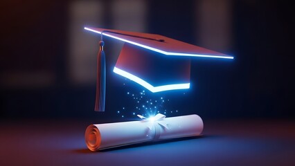 Graduation cap and diploma with glowing neon lights celebrating academic achievement