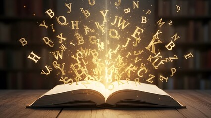 Magical alphabet letters burst from an open book on a wooden desk