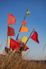 Bunte Strandflaggen an Holzstangen im D&uuml;nengras am Timmendorfer Strand an der Ostsee. Die unterschiedlich farbigen Fahnen wehen im Wind vor klarem blauem Himmel und stehen f&uuml;r K&uuml;stenlandschaft, Wind, 