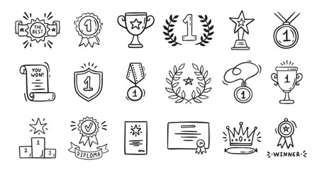 Awards doodle, trophy cups, first place medals and diploma set. Hand drawn champion trophy cup and gold medal. Drawing award decorative isolated icons. 