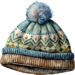 Knitted Winter Hat Watercolor Illustration in Scandinavian Style