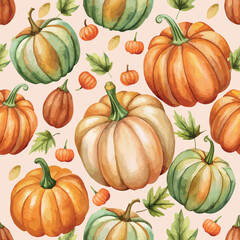 Autumn Fall Pumpkins with Leaves Watercolor Vector Seamless Pattern