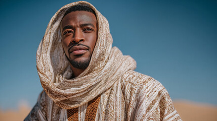Portrait of a handsome Black man wearing a traditional headscarf in a desert landscape