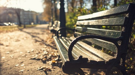 empty city park bench in morning light, calm silence, new beginning concept, realistic photo, soft shadows, wide frame