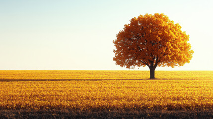 Vibrant Autumn Tree in Open Field Under Clear Blue Sky