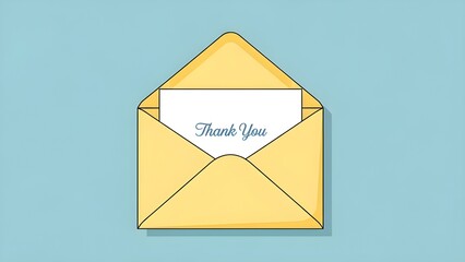 A yellow envelope with a thank you note inside on a light blue background