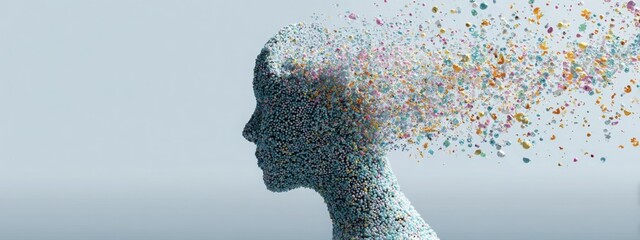 Human head filled with flowing colorful AI data particles shaped like emotions icons, calm pastel background, concept of emotions processed as data