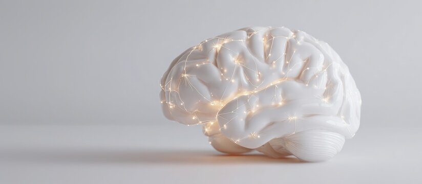 Human brain represented as smooth white ceramic object with subtle glowing AI circuits inside, floating on light pastel background, concept
