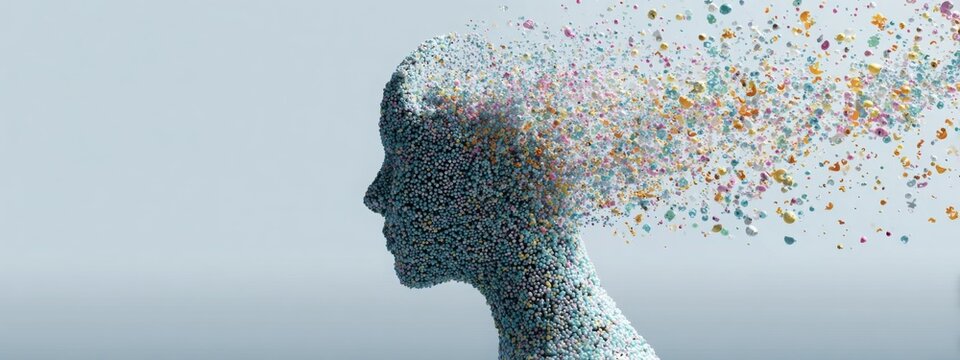 Human head filled with flowing colorful AI data particles shaped like emotions icons, calm pastel background, concept of emotions processed as data - Powered by Adobe
