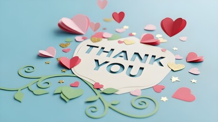 A colorful 3d thank you card with hearts and confetti on a light blue background