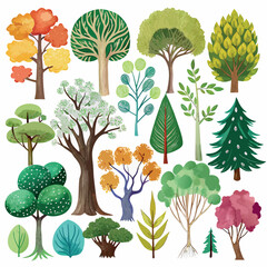Hand-painted watercolor trees in different shapes and colors
