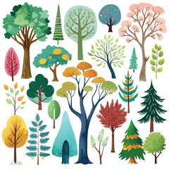 Hand-painted watercolor trees in different shapes and colors