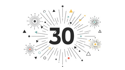 Obraz premium Modern 30th Anniversary logo with abstract colorful fireworks and geometric shapes, isolated white background.
