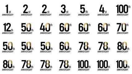 Collection of Anniversary Badges and Logos, Various Numbers from 1st to 100th, Isolated White Background