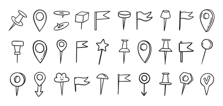 Pins hand drawn doodle set. Pin line drawing style for planner or map. Pins variable icons