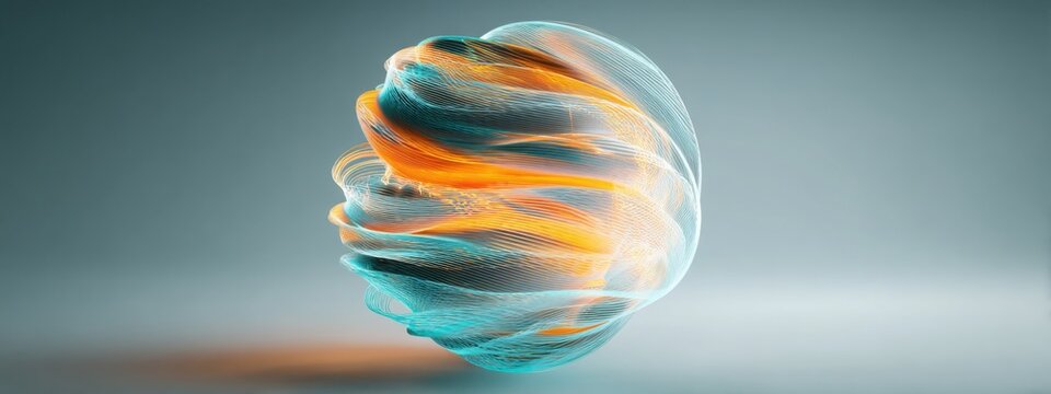 Single abstract glowing energy sphere with layered light waves, soft orange and teal tones, futuristic clean background, renewable energy - Powered by Adobe