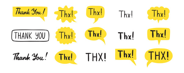 THX speech bubble yellow bright set. Thank you hand drawn quote text. Doodle thx phrase.