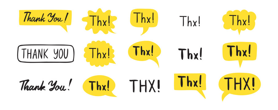 THX speech bubble yellow bright set. Thank you hand drawn quote text. Doodle thx phrase.