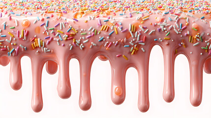 Pink cream with colorful sprinkles dripping down from top , isolated on white background