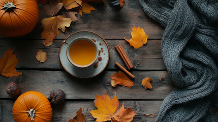 Cozy autumn tea time with pumpkin and warm blanket, fall lifestyle scene
