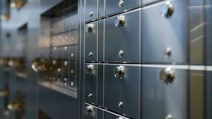 Plakat Close-up of metallic safety deposit boxes with shiny knobs. The boxes are arranged in a modern bank setting, reflecting light and showcasing a sleek design.