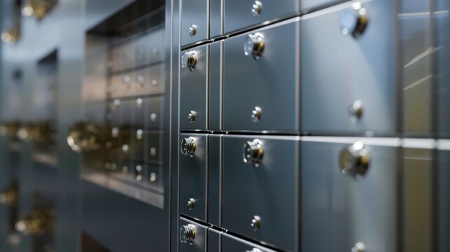 Close-up of metallic safety deposit boxes with shiny knobs. The boxes are arranged in a modern bank setting, reflecting light and showcasing a sleek design.