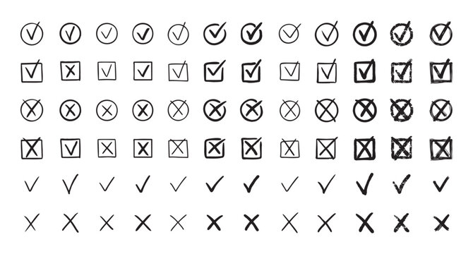 Check marks hand drawn doodle set. tick, cross signs for checkbox, checklist, v and x in sketch set.