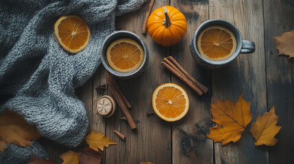 Cozy autumn tea time flat lay with orange slices and warm drinks

