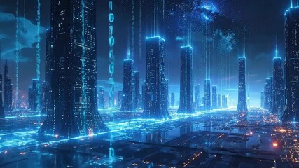 Futuristic city with glowing digital streams and reflective surfaces, symbolizing technological advancement and connectivity. - Powered by Adobe