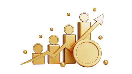 Golden Bar Chart with Rising Arrow and Coins