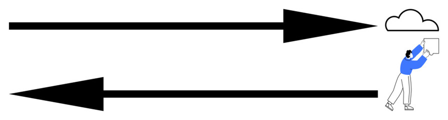 Obraz premium Data transfer concept. Arrows movement of information between data sources. Data transfer visualizing cloud storage, communication, and information exchange. For tech design, IT, media, workflows