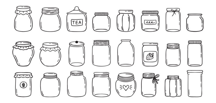 Jars hand drawn doodle isolated on white background. Jar empty, template outline drawing elements collection.
