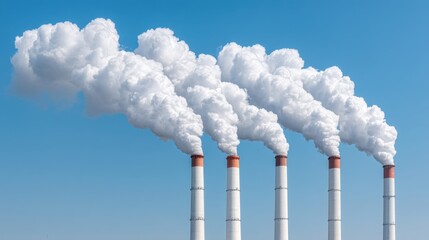 Smokestacks Releasing Thick White Plumes into a Clear Blue Sky, Capturing Industrial Pollution and Environmental Concerns