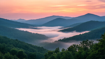 Misty mountain valley at sunrise with layered hills, calm nature landscape
