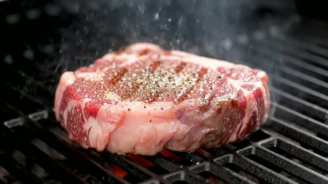 A juicy steak being seasoned and grilled to perfection on a barbecue in a video . use as multipurpose tittle intro, background. product mockup. motion graphics background