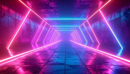 Futuristic sci-fi corridor with glowing pink and blue neon lights creating a cinematic atmosphere