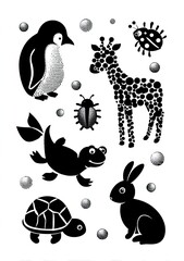 black and white stencil of animals with dots on their bodies: a penguin, a zebra, a giraffe, a turtle, a ladybug, a frog, and a rabbit, with bubbles. AI