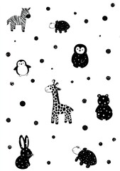 black and white stencil of animals with dots on their bodies: a penguin, a zebra, a giraffe, a turtle, a ladybug, a frog, and a rabbit, with bubbles. AI