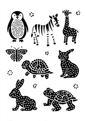 black and white stencil of animals with dots on their bodies: a penguin, a zebra, a giraffe, a turtle, a ladybug, a frog, and a rabbit, with bubbles. AI