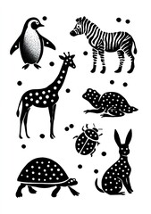 black and white stencil of animals with dots on their bodies: a penguin, a zebra, a giraffe, a turtle, a ladybug, a frog, and a rabbit, with bubbles. AI